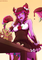 Rule 34 | 1girl, breasts, brown background, brown hair, brown skirt, colored skin, cowboy shot, evelynn (league of legends), fangs, food, fruit, gradient background, league of legends, medium breasts, multicolored hair, official alternate costume, open mouth, orange eyes, pink hair, pink skin, pleated skirt, simple background, skirt, solo, standing, strawberry, sugar rush evelynn, teeth, tongue, vmat