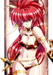 Rule 34 | 1girl, absurdres, armlet, armor, bikini armor, breasts, cowboy shot, highres, holding, holding shield, holding sword, holding weapon, long hair, medium breasts, navel, ponytail, red eyes, red hair, serious, shield, solo, sword, thigh strap, urushihara satoshi, weapon