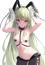 Rule 34 | 1girl, animal collar, animal ears, arms up, belt, black hairband, black pantyhose, blunt bangs, blush, breasts, butterfly ornament, clothing cutout, collar, covered erect nipples, fake animal ears, frilled pantyhose, furrowed brow, gloves, green hair, groin, hair ribbon, hairband, half-closed eyes, heart cutout, heart pasties, highres, hime cut, long hair, looking at viewer, midriff, murasame (senren), navel, no bra, no panties, o-ring, o-ring belt, open mouth, pantyhose, pasties, purple eyes, purple ribbon, rabbit ears, rabbit pose, ribbon, senren banka, sidelocks, simple background, small breasts, solo, standing, straight hair, thigh cutout, two side up, up (osk50217), very long hair, white background, white gloves, zipper