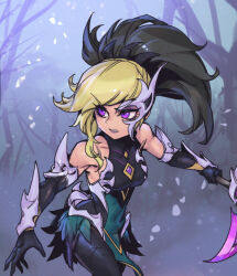 Rule 34 | 1girl, akali, bare shoulders, black gloves, blonde hair, breasts, brown hair, coven akali, covered navel, elbow gloves, gem, gloves, holding, holding weapon, large breasts, league of legends, leaning forward, long hair, looking to the side, multicolored hair, petals, phantom ix row, pink eyes, solo, teeth, tree, two-tone hair, weapon