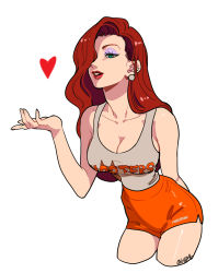 Rule 34 | 1girl, absurdres, bare shoulders, breasts, cleavage, cowboy shot, earrings, eyeshadow, green eyes, hair over one eye, heart, highres, hooters, jessica rabbit, jewelry, lipstick, makeup, medium breasts, okada (hoooojicha), print shirt, red hair, red lips, shirt, short shorts, shorts, signature, solo, tank top, white background, who framed roger rabbit