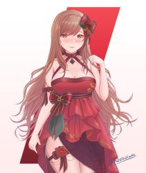 Rule 34 | 1girl, adobolaide, blush, breasts, cleavage, closed mouth, dress, flower thigh strap, goddess of victory: nikke, hair ribbon, highres, large breasts, light brown hair, long hair, looking at viewer, orange eyes, rapi (nikke), red dress, ribbon, smile, solo, twitter username