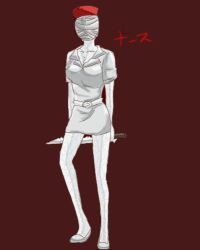 Rule 34 | 1girl, blouse, breasts, bubble head nurse, dress, female focus, full body, lowres, monster girl, nurse, nurse (silent hill), open clothes, open shirt, shirt, silent hill, silent hill (series), silent hill 2, simple background, solo