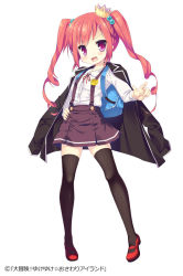 Rule 34 | 1girl, backpack, bag, blazer, character request, child, daibouken! yukeyuke osawari island, fang, full body, jacket, long hair, name tag, ochinsama, official art, red eyes, red hair, school uniform, simple background, solo, suspenders, thighhighs, twintails