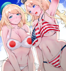 Rule 34 | 10s, 2girls, alternate costume, american flag bikini, armpits, arms up, atago (kancolle), beret, bikini, blonde hair, blue eyes, blush, breasts, cameltoe, cleavage, cleavage cutout, clothing cutout, cowboy shot, curvy, day, flag print, frilled bikini, frills, halterneck, hat, headgear, highres, igarashi mangou, iowa (kancolle), japanese flag bikini, kantai collection, large breasts, long hair, looking at viewer, multiple girls, navel, open mouth, outdoors, parted bangs, print bikini, red bikini, side-tie bikini bottom, smile, standing, star-shaped pupils, star (symbol), striped bikini, striped clothes, swimsuit, symbol-shaped pupils, underboob, wavy hair, white bikini, wide hips