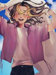 Rule 34 | 1boy, ^ ^, arms up, black hair, black pants, blonde hair, chantugokun, closed eyes, cowboy shot, day, earrings, closed eyes, facing viewer, hanemiya kazutora, highres, holding, jewelry, long hair, male focus, mole, mole under eye, multicolored hair, neck tattoo, open mouth, outdoors, pants, pink shirt, shirt, short sleeves, single earring, smile, solo, standing, tattoo, tokyo revengers, two-tone hair, white shirt