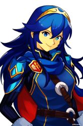 Rule 34 | 1girl, armor, artist name, blue cape, brand of the exalt, cape, closed mouth, commentary, english commentary, fire emblem, fire emblem awakening, hair between eyes, highres, long hair, long sleeves, looking at viewer, lucina (fire emblem), nintendo, red cape, shoulder armor, sidelocks, smgold, smile, solo, symbol in eye, tiara, two-tone cape, upper body, white background