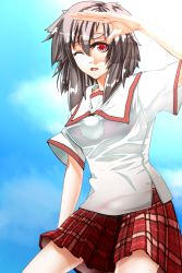 Rule 34 | 1girl, alternate costume, arm up, blue sky, brown hair, checkered clothes, checkered skirt, cloud, day, eyebrows, female focus, from below, highres, icf, inubashiri momiji, mazuka kei, one eye closed, red eyes, school uniform, see-through, shading eyes, shirt, short hair, short sleeves, silver hair, skirt, sky, solo, sweat, thick eyebrows, touhou, upskirt, wet, wet clothes, wet shirt, wink