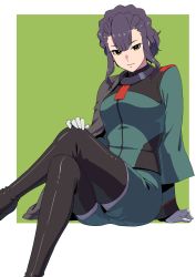 Rule 34 | 1girl, absurdres, aduti momoyama, arm support, asticassia school uniform, black footwear, boots, braid, brown eyes, capelet, commentary request, crossed legs, crown braid, expressionless, feet out of frame, gloves, green background, green jacket, green shorts, gundam, gundam suisei no majo, hand on own knee, highres, invisible chair, jacket, legs, long sleeves, looking at viewer, necktie, purple hair, red necktie, sabina fardin, school uniform, shorts, sidelocks, sitting, solo, thigh boots, two-tone background, white background, white gloves
