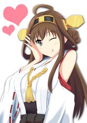 Rule 34 | 10s, 1girl, bare shoulders, blush, brown eyes, brown hair, detached sleeves, double bun, grey eyes, heart, highres, kantai collection, kongou (kancolle), long hair, nontraditional miko, one eye closed, shigure ryuunosuke, solo, tongue, tongue out, wink