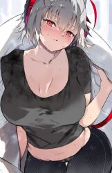 Rule 34 | 1girl, arknights, black pants, black shirt, blush, breasts, cleavage, closed mouth, collarbone, commentary request, grey hair, highres, horns, kyuu (plastic night q), large breasts, looking at viewer, midriff, pants, red eyes, red horns, shirt, short hair, short sleeves, solo, sweat, t-shirt, w (arknights)