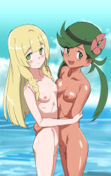 Rule 34 | 2girls, :d, bad id, bad pixiv id, blonde hair, blue sky, blunt bangs, blush, breasts, closed mouth, cloud, collarbone, creatures (company), dark-skinned female, dark skin, day, flower, game freak, green eyes, green hair, hair flower, hair ornament, hands on another&#039;s hips, highres, holding hands, interlocked fingers, lillie (pokemon), long hair, looking at viewer, mallow (pokemon), matching hair/eyes, multiple girls, navel, nintendo, nipples, nude, nudist, ocean, ontaros, open mouth, outdoors, photoshop (medium), pokemon, pokemon sm, sky, small breasts, smile, swept bangs, take your pick, trial captain, twintails, water, yuri