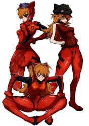 Rule 34 | 1girl, absurdres, ass, blue eyes, bodysuit, bodysuit under clothes, breasts, butterfly sitting, eyepatch, full body, hands in pockets, hands on own hips, hands on own legs, hat, highres, huge ass, kekel, long hair, looking at viewer, medium breasts, neon genesis evangelion, orange hair, plugsuit, rebuild of evangelion, red bodysuit, red sweater, shiny clothes, simple background, sitting, souryuu asuka langley, sweater, twintails, white background, wide hips