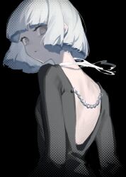 Rule 34 | 1girl, back, balance (superdust), black background, black dress, blunt bangs, closed mouth, dress, expressionless, from behind, grey eyes, grey hair, highres, looking at viewer, looking back, original, short hair, simple background, solo, upper body