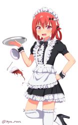 Rule 34 | 1girl, alternate costume, apron, bad id, bad pixiv id, bat hair ornament, center frills, coffee, cup, enmaided, failure, fang, frills, gabriel dropout, hair ornament, hair rings, hand on own hip, high heels, highres, holding, holding tray, maid, maid apron, maid headdress, nyaroon, open mouth, purple eyes, red hair, satanichia kurumizawa mcdowell, saucer, short hair with long locks, solo, spilling, spoon, standing, standing on one leg, tea, teacup, thighhighs, tray, twitter username, white background, white thighhighs, wrist cuffs