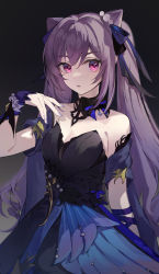 Rule 34 | 1girl, absurdres, bare shoulders, black bow, black bowtie, black dress, bow, bowtie, breasts, cleavage, collarbone, cone hair bun, cowboy shot, dark background, dress, genshin impact, gradient background, hair bun, hand up, highres, keqing (genshin impact), keqing (opulent splendor) (genshin impact), long hair, looking at viewer, medium breasts, official alternate costume, parted lips, pink eyes, purple hair, short sleeves, solo, strapless, strapless dress, tanya (tanyaya), twintails, very long hair