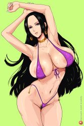 Rule 34 | 1girl, areola slip, armpits, arms up, bare arms, bare shoulders, bikini, black hair, blue eyes, blush, boa hancock, breasts, choker, covered erect nipples, earrings, female pubic hair, jewelry, krabbytheartist, large areolae, large breasts, long hair, looking at viewer, nail polish, one piece, pubic hair, purple bikini, shiny skin, simple background, solo, sweat, swimsuit, upper body, wide hips