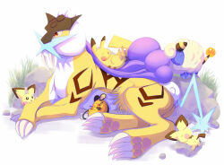 Rule 34 | 6+others, absurdres, artist request, claws, closed eyes, creatures (company), cuddling, dedenne, electricity, fangs, fetal position, flower, full body, game freak, gen 1 pokemon, gen 2 pokemon, gen 6 pokemon, grass, highres, legendary pokemon, lying, mareep, multiple others, nintendo, no humans, open mouth, pichu, pokemon, pokemon (creature), pokemon sleep, raikou, sleeping, smile