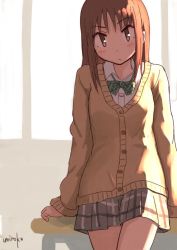 Rule 34 | 1girl, :/, blush, bow, bowtie, brown eyes, brown hair, cardigan, closed mouth, collared shirt, commentary request, cowboy shot, green bow, green bowtie, grey skirt, leaning back, long hair, long sleeves, looking at viewer, okano kei, pleated skirt, shirt, signature, skirt, solo, umiroku, white shirt, wing collar, yuyushiki