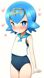 Rule 34 | 10s, 1girl, absurdres, alternate color, blue eyes, blue hair, blush, child, closed mouth, cowboy shot, creatures (company), female focus, flat chest, game freak, heart, highres, looking at viewer, matching hair/eyes, nintendo, npc trainer, one-piece swimsuit, pokemon, pokemon sm, qkracho (thesdroz), sailor collar, shiny skin, simple background, sleeveless, solo, standing, swimsuit, swimsuit under clothes, trial captain