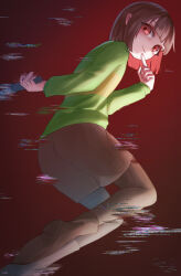Rule 34 | 1other, absurdres, arms behind back, blunt bangs, blunt ends, blush, bob cut, boots, brown footwear, brown hair, brown shorts, chara (undertale), closed mouth, colored inner hair, commentary, finger to mouth, from behind, from side, glitch, gradient background, green sweater, hasukappu, highres, holding, holding knife, holding weapon, index finger raised, jumping, knife, light smile, looking at viewer, looking back, looking down, looking to the side, multicolored hair, red eyes, red hair, running, short hair, shorts, single horizontal stripe, solo, standing, sweater, two-tone hair, undertale, weapon, weapon behind back, yellow sweater