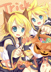 Rule 34 | 1boy, 1girl, brother and sister, fang, halloween, kagamine len, kagamine rin, rai (rai-s), siblings, trick or treat, twins, vocaloid, yellow background