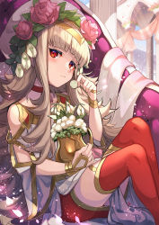 Rule 34 | 1girl, bare shoulders, blush, choker, closed mouth, column, commentary request, dress, expressionless, fire emblem, fire emblem heroes, flower, flower pot, gold trim, grey hair, hair flower, hair ornament, hat, head tilt, highres, holding, holding flower, hug, hugging object, jewelry, leaf hair ornament, long hair, looking at viewer, nakabayashi zun, nintendo, official alternate costume, petals, pillar, pink flower, pink rose, red choker, red eyes, red thighhighs, rose, shadow, sitting, solo, thighhighs, vase, veronica (fire emblem), very long hair, white dress, white flower, white hat, wide sleeves