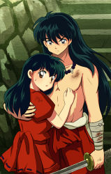 Rule 34 | 1boy, 1girl, alternate costume, alternate form, alternate hair color, bandages, black hair, blood, borrowed clothes, clood, cosplay, costume switch, gem, hetero, higurashi kagome, holding, inuyasha, inuyasha (character), inuyasha (human), jewelry, katana, long hair, necklace, pearl (gemstone), protecting, serious, stairs, sword, tennen shiori, topless, weapon