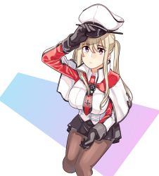 Rule 34 | 1girl, black gloves, blonde hair, breasts, brown pantyhose, capelet, closed mouth, cropped legs, cross, gloves, graf zeppelin (kancolle), hair between eyes, hat, holding, holding clothes, holding hat, iron cross, kantai collection, large breasts, long hair, long sleeves, pantyhose, peaked cap, pink eyes, sagamiso, sidelocks, simple background, solo, uniform