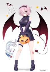 Rule 34 | 1girl, absurdres, artist name, bare shoulders, bat wings, blush, boots, breasts, commentary request, fake horns, fate/grand order, fate (series), fou (fate), glasses, hair ornament, hair over one eye, halloween, highres, holding, horns, jack-o&#039;-lantern, large breasts, looking at viewer, mash kyrielight, navel, pumpkin, purple eyes, purple hair, short hair, simple background, solo, soveno, star (symbol), tail, trick or treat, white background, wings