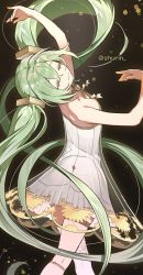Rule 34 | 1girl, arched back, arms up, ballet, closed eyes, closed mouth, dancing, dark background, dot nose, dress, eyelashes, facing viewer, feet out of frame, flat chest, green hair, hatsune miku, highres, jewelry, leglet, legs apart, lens flare, light particles, light smile, long hair, miku symphony (vocaloid), neck ribbon, neck ring, ribbon, see-through, see-through dress, short dress, shu rin, single thighhigh, solo, straight hair, strapless, strapless dress, thighhighs, thighlet, twintails, very long hair, vocaloid, white dress, white thighhighs