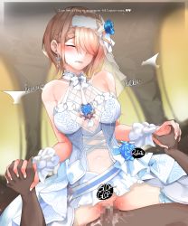 Rule 34 | 1girl, alternate costume, bad id, bad pixiv id, blurry, blurry background, blush, bouncing breasts, breasts, bridal veil, bride, censored, clothed female nude male, cowgirl position, cum, cum in pussy, cum on body, dark-skinned male, dark skin, dress, earrings, ejaculation, english text, eyelashes, eyes visible through hair, female orgasm, flower, frown, gimnang, girl on top, glint, hair flower, hair ornament, hair over one eye, hetero, highres, holding hands, honkai (series), honkai impact 3rd, jewelry, large breasts, leg hold, lips, mole, mole under eye, mosaic censoring, nose, nude, open mouth, orgasm, penis, petals, red eyes, rita rossweisse, rita rossweisse (artemis), rita rossweisse (vow of roses), sex, short hair, solo focus, sound effects, straddling, sweat, sweatdrop, vaginal, veil, wedding dress, white dress, wrist cuffs
