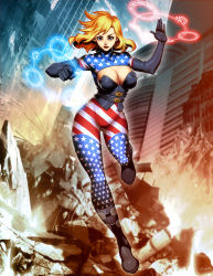 Rule 34 | 1girl, american flag, black gloves, blonde hair, blue eyes, blue thighhighs, bodysuit, boots, breasts, building, bustier, cityscape, cleavage, cleavage cutout, clenched hand, clothing cutout, contrapposto, destruction, eyelashes, facing viewer, flag print, full body, genzoman, gloves, knee boots, large breasts, lips, lipstick, magic circle, makeup, medium hair, mount olympus comics, nose, omega symbol, patriotika, patriotism, skin tight, skyscraper, solo, star (symbol), star print, superhero costume, thighhighs, thighhighs under boots