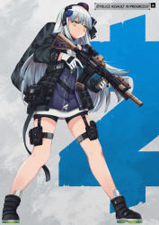 Rule 34 | 1girl, ankle boots, assault rifle, backpack, bag, blue background, blunt bangs, blush, boots, breasts, buckle, dress, english text, expressionless, facial mark, full body, girls&#039; frontline, gloves, green eyes, grey background, gun, h&amp;k hk416, hair ornament, hand on own hip, headset, heckler &amp; koch, highres, hk416 (girls&#039; frontline), hk416 (mod3) (girls&#039; frontline), holding, holding gun, holding weapon, jacket, long hair, medium breasts, mod3 (girls&#039; frontline), multicolored background, name tag, open clothes, open jacket, persocon93, rifle, sidelocks, silver hair, snap-fit buckle, solo, text background, trigger discipline, twitter username, very long hair, weapon