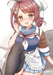 Rule 34 | 1girl, ahoge, apron, bandana, black thighhighs, blue skirt, blush, braid, braided hair rings, breasts, brown hair, brown shawl, chair, chougei (kancolle), cocoperino, grey eyes, hair ornament, hair rings, kantai collection, large breasts, looking at viewer, neckerchief, open mouth, paper, pleated skirt, school uniform, serafuku, shawl, simple background, skirt, solo, thighhighs, waist apron, white apron, white neckerchief
