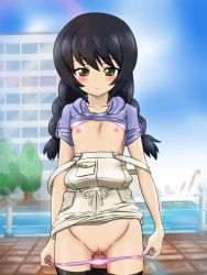Rule 34 | 10s, 1girl, alternate hairstyle, black hair, black pantyhose, blue shirt, blue sky, blush, bra, bra lift, braid, brown eyes, casual, cleft of venus, closed mouth, clothes lift, clothes pull, cowboy shot, crotch, day, flat chest, girls und panzer, gluteal fold, groin, hair tie, half-closed eyes, highres, hood, hoodie, light frown, long hair, looking at viewer, miniskirt, misakichi (fechisupi777), nipples, outdoors, overall skirt, panties, panty pull, pantyhose, pantyhose pull, pulled by self, purple bra, purple panties, pussy, reizei mako, shirt, shirt lift, short sleeves, skirt, skirt lift, sky, solo, standing, strap slip, twin braids, twintails, uncensored, underwear, white skirt