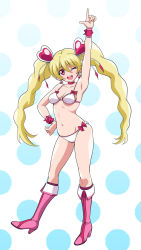 Rule 34 | 00s, 1girl, ;d, arm up, bikini, blonde hair, boots, breasts, choker, cure peach, eyebrows, fresh precure!, hair ornament, hand on own hip, heart, heart hair ornament, highres, index finger raised, inferno (nanbu14), long hair, momozono love, one eye closed, open mouth, pink eyes, precure, smile, solo, swimsuit, twintails, white bikini