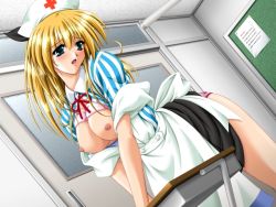 Rule 34 | 1girl, blonde hair, blue eyes, breasts, hair ribbon, hat, kango shichauzo, maioka momiji, nurse cap, ribbon