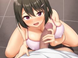 Rule 34 | 1boy, 1girl, :d, black hair, blush, bob cut, breasts, brother and sister, camisole, censored, cleavage, covered erect nipples, erection, fisheye, hair between eyes, hair ornament, hairclip, hetero, highres, incest, large breasts, looking at viewer, mosaic censoring, non-web source, open mouth, original, penis, penis grab, purple eyes, sawada yuusuke, short hair, siblings, smile, solo focus, squatting, tile floor, tiles