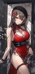 Rule 34 | 1girl, bare arms, bare shoulders, black choker, black hair, bracelet, breasts, china dress, chinese clothes, choker, cleavage, cleavage cutout, clothing cutout, dress, earrings, flower, folding fan, grin, hair flower, hair ornament, hand fan, highres, holding, jewelry, large breasts, long hair, looking at viewer, mole, mole on breast, nail polish, original, pelvic curtain, red dress, red eyes, red nails, ring, side-tie peek, skindentation, sleeveless, sleeveless dress, smile, solo, standing, thigh strap, thighs, ttosom, underbust, very long hair, wristband