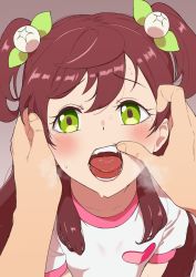 Rule 34 | 1girl, 1other, aikatsu! (series), blush, brown hair, character request, fangs, finger in another&#039;s mouth, green eyes, grey background, hair ornament, heart, highres, looking at viewer, open mouth, osame, pov, pov hands, saliva, shirt, short sleeves, solo focus, tears, tongue, two side up, white shirt