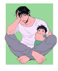 Rule 34 | aged down, baby, barefoot, black hair, collarbone, commentary request, father and son, feet, finger sucking, fushiguro megumi, fushiguro touji, green eyes, grey pants, hand on own face, highres, indian style, jujutsu kaisen, looking at viewer, male focus, pants, scar, scar on face, scar on mouth, shenshan laolin, shirt, short hair, short sleeves, sitting, toes, white shirt