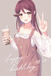 Rule 34 | 1girl, artist name, artist request, bare shoulders, blouse, blush, breasts, cleavage, cup, drinking glass, drinking straw, female focus, grey background, hair ornament, hairclip, highres, holding, holding drinking straw, jewelry, long hair, long sleeves, looking at viewer, love live!, love live! sunshine!!, nail, nail polish, necklace, pink nails, red hair, red shirt, sakurauchi riko, shirt, sleeveless, sleeveless shirt, solo, standing, unnik, v, white shirt, yellow eyes