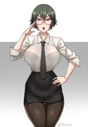 Rule 34 | 1girl, :o, adjusting eyewear, aqua eyes, black necktie, black pantyhose, black skirt, breasts, check commentary, commentary, commentary request, copyright request, english commentary, glasses, green hair, grey background, hand on eyewear, large breasts, looking at viewer, necktie, office lady, pantyhose, pencil skirt, red-framed eyewear, see-through, shirt, short hair, simple background, skirt, sleeves rolled up, solo, thigh gap, twitter username, twrlare, white background, white shirt, wing collar