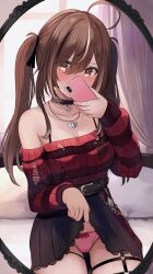 Rule 34 | 1girl, absurdres, ahoge, belt, black belt, black choker, black ribbon, black skirt, blush, bow, bow panties, breasts, brown hair, cellphone, choker, cleavage, collarbone, covering own mouth, cowboy shot, curtains, day, embarrassed, hair ribbon, hand up, highres, holding, holding phone, hololive, hololive english, indoors, jewelry, karu (karusenpai), large breasts, lifted by self, long hair, long sleeves, looking at mirror, looking at viewer, miniskirt, mirror, nanashi mumei, nanashi mumei (emo), nose blush, o-ring, o-ring thigh strap, off-shoulder sweater, off shoulder, on bed, panties, pendant, phone, pink panties, pleated skirt, red sweater, ribbed sweater, ribbon, selfie, sidelocks, sitting, skirt, smartphone, solo, striped clothes, striped sweater, sweater, thigh strap, twintails, underwear, virtual youtuber, window, yellow eyes