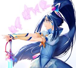 Rule 34 | 1girl, absurdres, beam saber, blue hair, blue shirt, blue skirt, bug, butterfly, cure aqua, detached sleeves, earrings, floating hair, flower, from side, hair flower, hair ornament, hands on hilt, high ponytail, highres, insect, jewelry, long hair, minazuki karen, parted lips, pink flower, pleated skirt, precure, profile, shirt, short sleeves, simple background, skirt, solo, very long hair, white background, yellow sleeves, yes! precure 5, yes! precure 5 gogo!, yuutarou (fukiiincho)