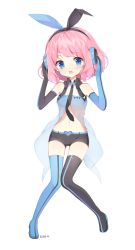 Rule 34 | bare shoulders, blue eyes, bow, chibi, collar, commission, full body, headphones, highres, navel, necktie, open mouth, original, pink hair, runastark, short hair, shorts, solo, thigh gap, thighhighs