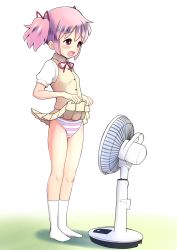 Rule 34 | 1girl, blush, blush stickers, breasts, cameltoe, cleft of venus, clothes lift, electric fan, fanning crotch, female focus, hair ribbon, highres, kaname madoka, lifted by self, mahou shoujo madoka magica, no shoes, open mouth, panties, pink eyes, pink hair, pleated skirt, qm, ribbon, short sleeves, simple background, skirt, skirt hold, skirt lift, socks, solo, standing, striped clothes, striped panties, twintails, underwear, white background, white socks