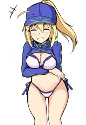 Rule 34 | +++, 1girl, ^ ^, absurdres, ahoge, artoria pendragon (fate), bikini, blue hat, blue jacket, blush, breast hold, breasts, cleavage, closed eyes, commentary request, facing viewer, fate/grand order, fate (series), flat cap, grin, groin, hair between eyes, hair through headwear, hat, high ponytail, highres, jacket, long hair, long sleeves, medium breasts, mitchi, mysterious heroine x (fate), mysterious heroine xx (fate), navel, ponytail, shrug (clothing), side-tie bikini bottom, smile, solo, standing, swimsuit, white bikini