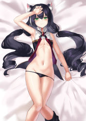 Rule 34 | &gt;:(, 1girl, animal ear fluff, animal ears, arm up, armpits, bare shoulders, bed sheet, black hair, black panties, blush, breasts, cat ears, cat girl, cleavage, closed mouth, drill hair, feet out of frame, from above, green eyes, hand on own head, highres, karyl (princess connect!), knees up, long hair, low twintails, lowleg, lowleg panties, lying, moroes, multicolored hair, navel, on back, open clothes, panties, princess connect!, sheet grab, sleeveless, small breasts, solo, stomach, streaked hair, twintails, underwear, very long hair, white hair
